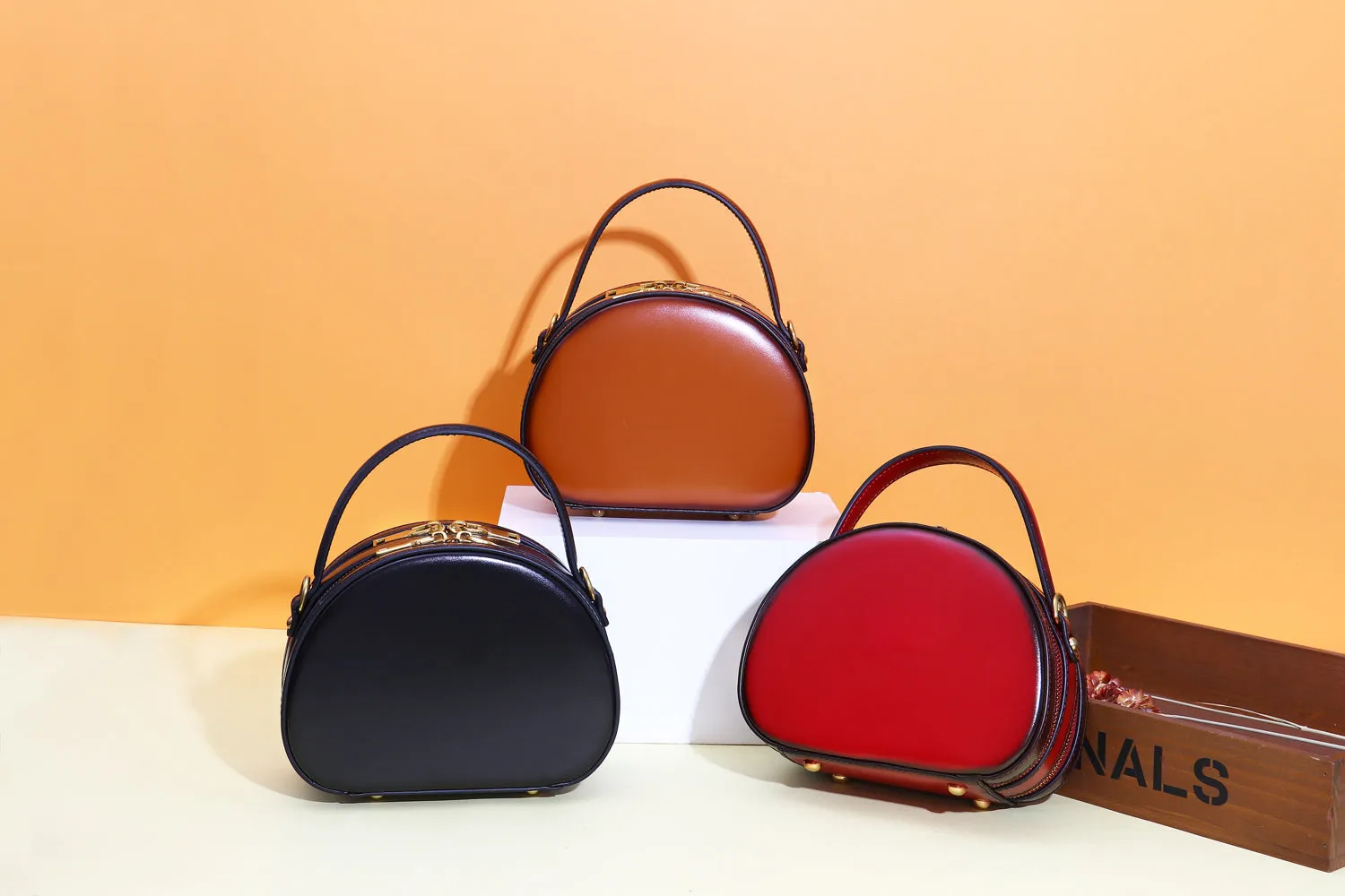 Cute Womens Brown Leather Half Round Handbag Crossbody Purse Round Brown Shoulder Bag for Women
