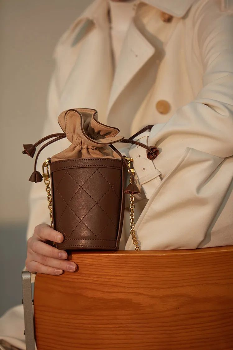 Cute Womens Coffee Leather Barrel Chain Crossbody Purse Bucket Round Shoulder Bag for Women