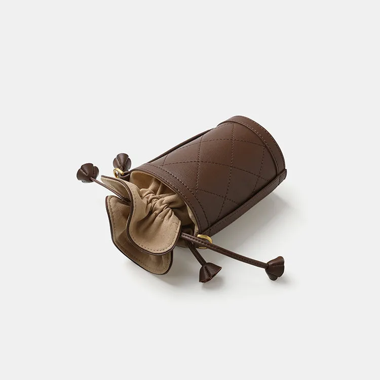 Cute Womens Coffee Leather Barrel Chain Crossbody Purse Bucket Round Shoulder Bag for Women