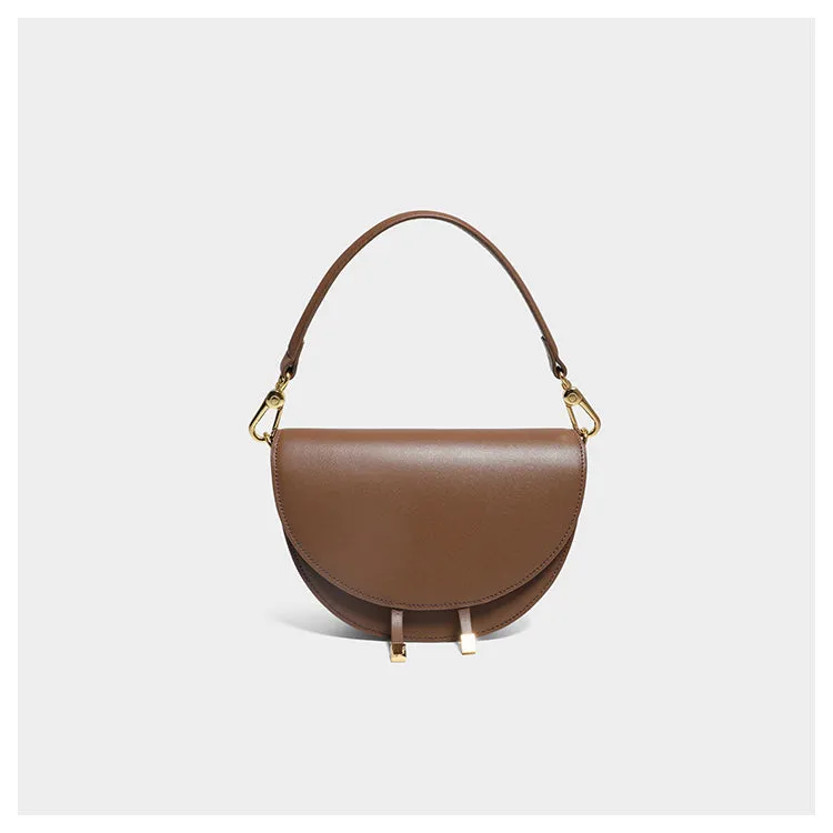 Cute Womens Coffee Leather Saddle Round Handbag Shoulder Bag Round Crossbody Purse for Women