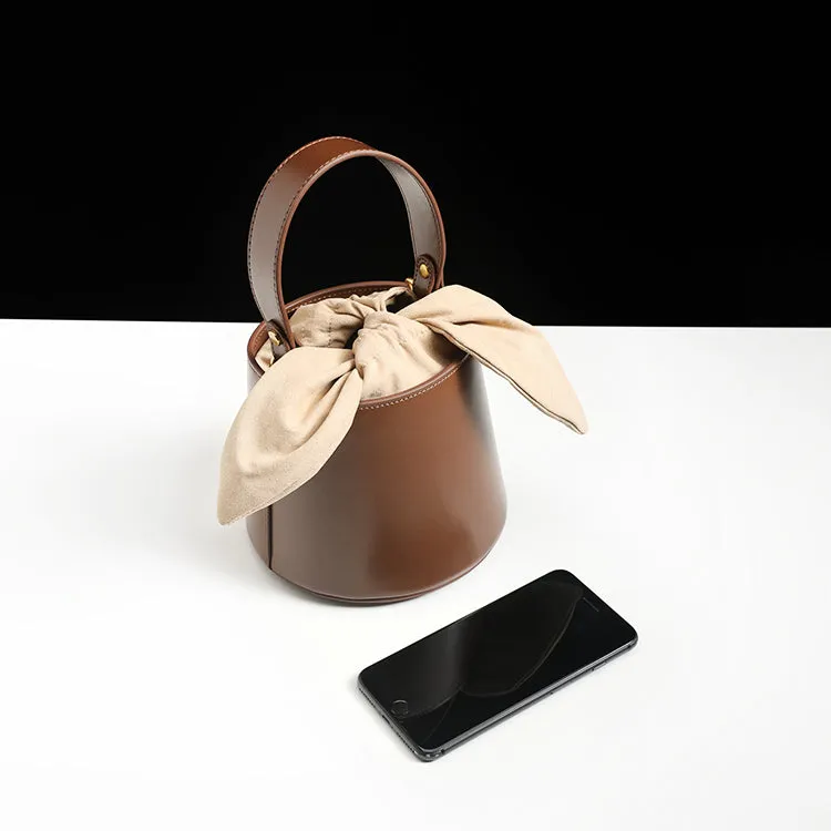 Cute Womens Coffee Round Leather Handbag Barrel Crossbody Purse Bucket Shoulder Bag for Women