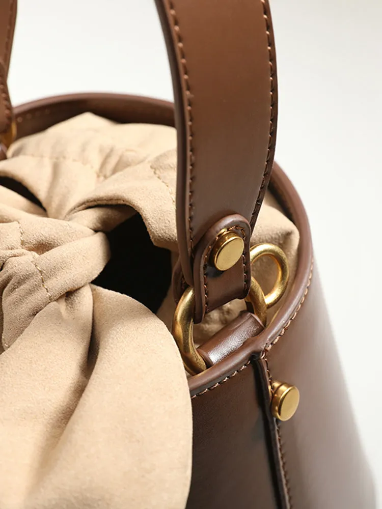 Cute Womens Coffee Round Leather Handbag Barrel Crossbody Purse Bucket Shoulder Bag for Women