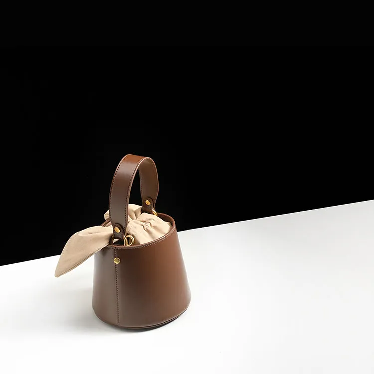 Cute Womens Coffee Round Leather Handbag Barrel Crossbody Purse Bucket Shoulder Bag for Women