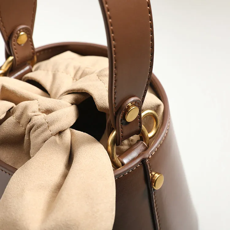 Cute Womens Coffee Round Leather Handbag Barrel Crossbody Purse Bucket Shoulder Bag for Women