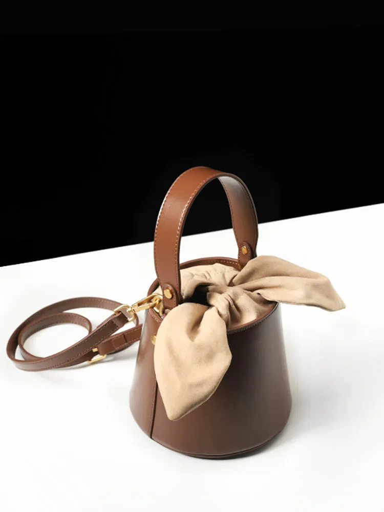 Cute Womens Coffee Round Leather Handbag Barrel Crossbody Purse Bucket Shoulder Bag for Women