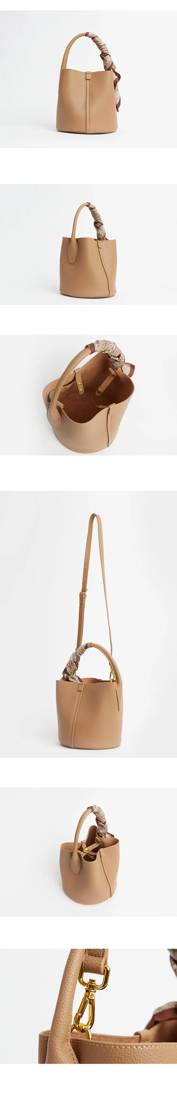 Cute Womens Khaki Round Leather Handbag Barrel Crossbody Purse Bucket Shoulder Bag for Women