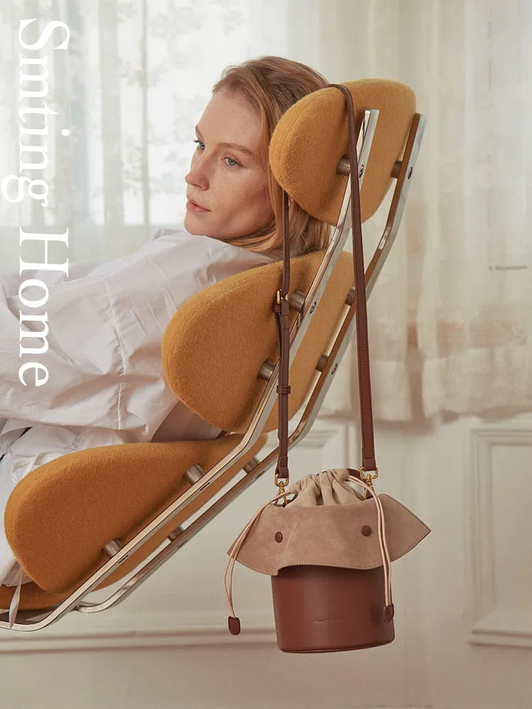 Cute Womens Leather Barrel Handbag Purse Coffee Crossbody Purse Bucket Round Shoulder Bag for Women