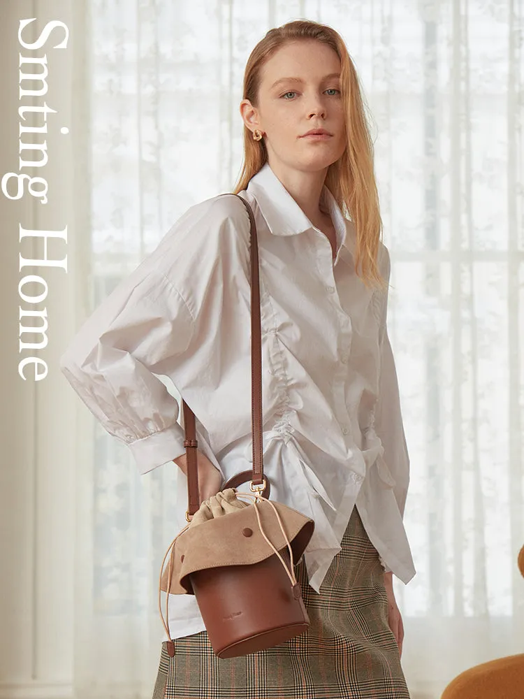 Cute Womens Leather Barrel Handbag Purse Coffee Crossbody Purse Bucket Round Shoulder Bag for Women