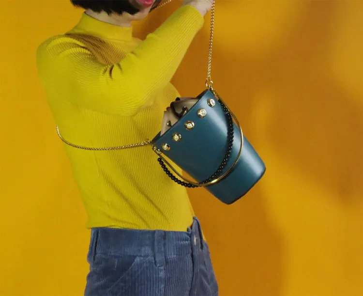 Cute Womens Light Blue Leather Barrel Chain Crossbody Purse Bucket Round Chain Shoulder Bag for Women
