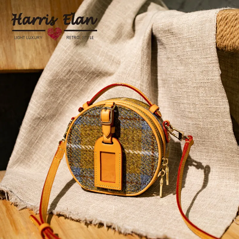 Cute Womens Mini Black Leather Tweed Round Handbag Crossbody Purse Handmade Round Shoulder Bag for Women