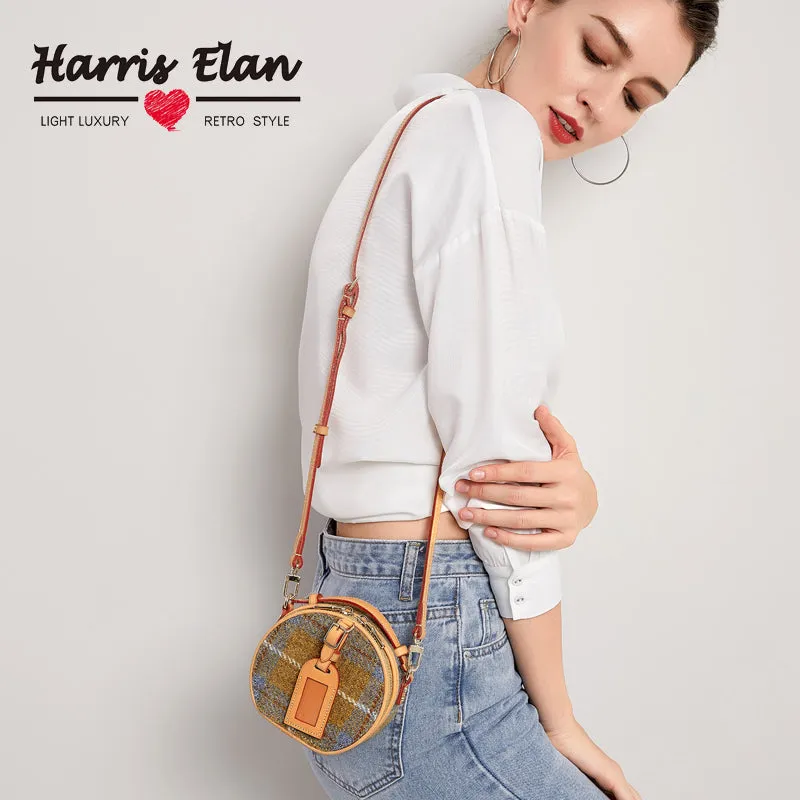 Cute Womens Mini Blue Leather Tweed Round Handbag Crossbody Purse Handmade Round Shoulder Bag for Women