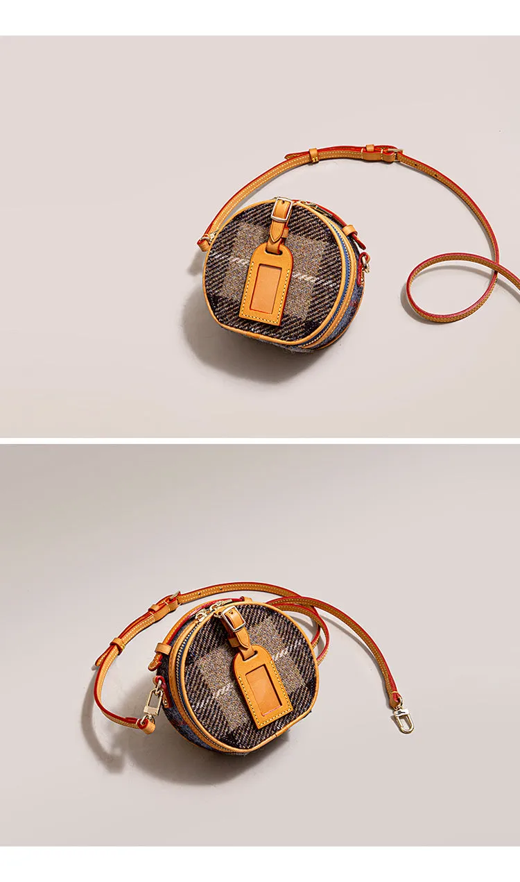 Cute Womens Mini Blue Leather Tweed Round Handbag Crossbody Purse Handmade Round Shoulder Bag for Women