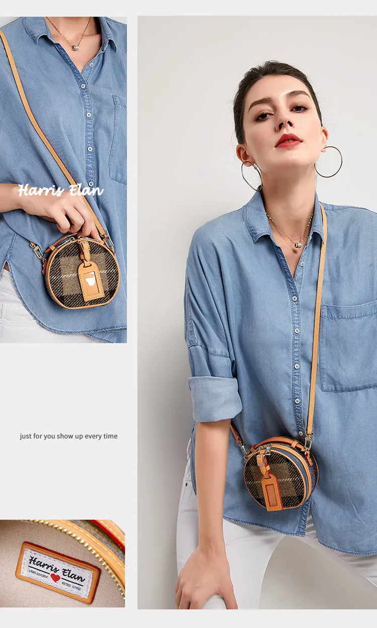 Cute Womens Mini Blue Leather Tweed Round Handbag Crossbody Purse Handmade Round Shoulder Bag for Women