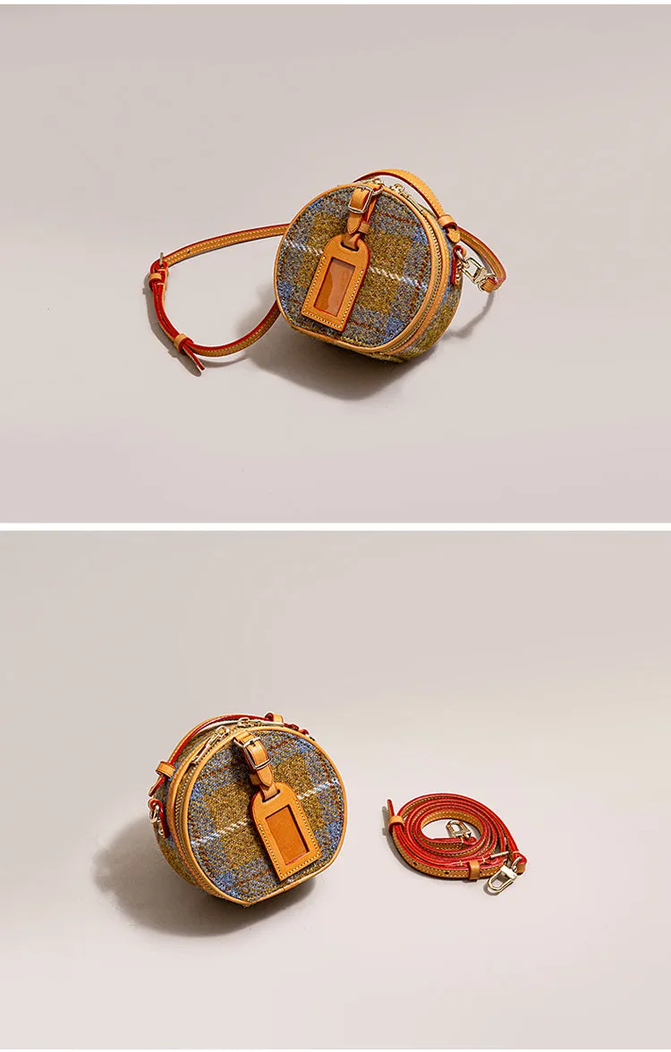 Cute Womens Mini Blue Leather Tweed Round Handbag Crossbody Purse Handmade Round Shoulder Bag for Women