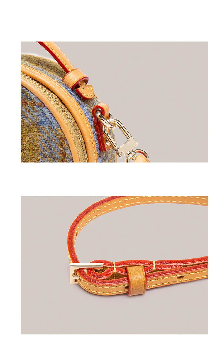 Cute Womens Mini Blue Leather Tweed Round Handbag Crossbody Purse Handmade Round Shoulder Bag for Women