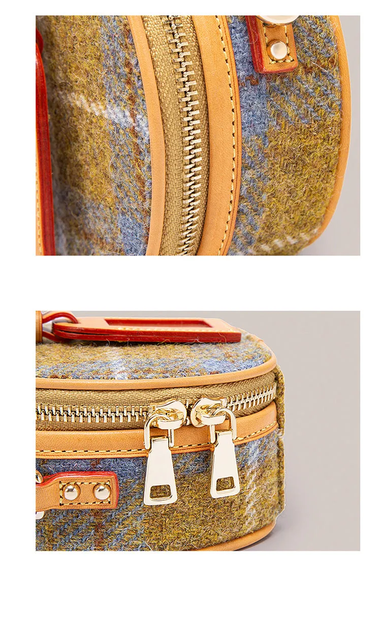 Cute Womens Mini Blue Leather Tweed Round Handbag Crossbody Purse Handmade Round Shoulder Bag for Women