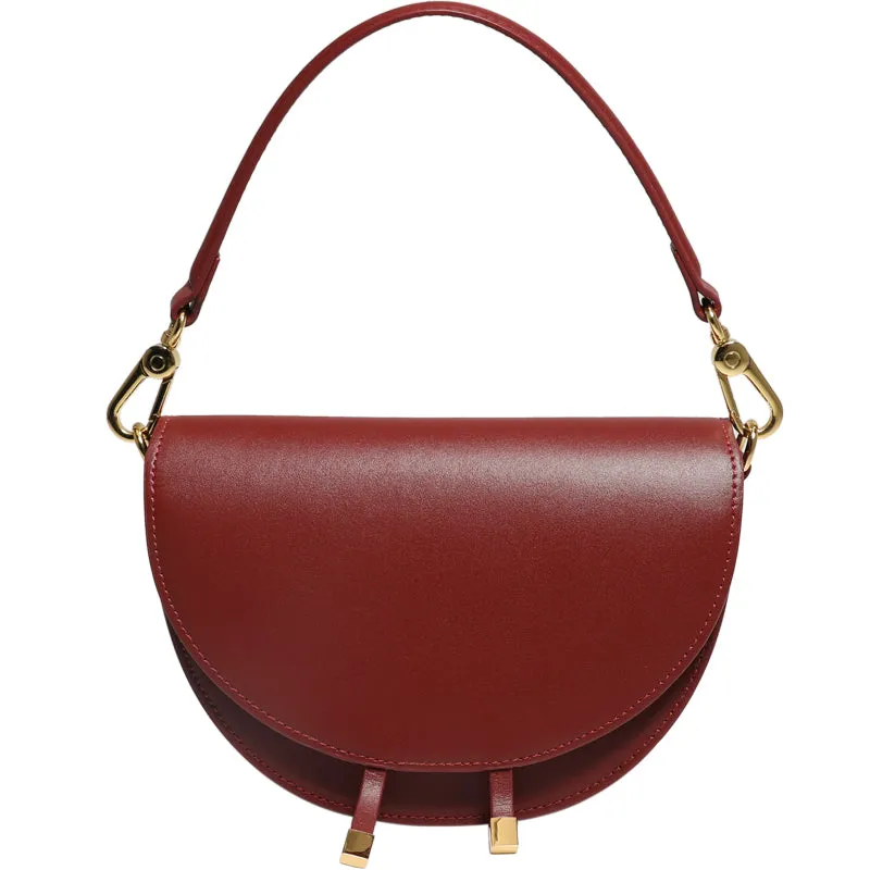 Cute Womens Red Leather Saddle Round Handbag Shoulder Bag Round Crossbody Purse for Women