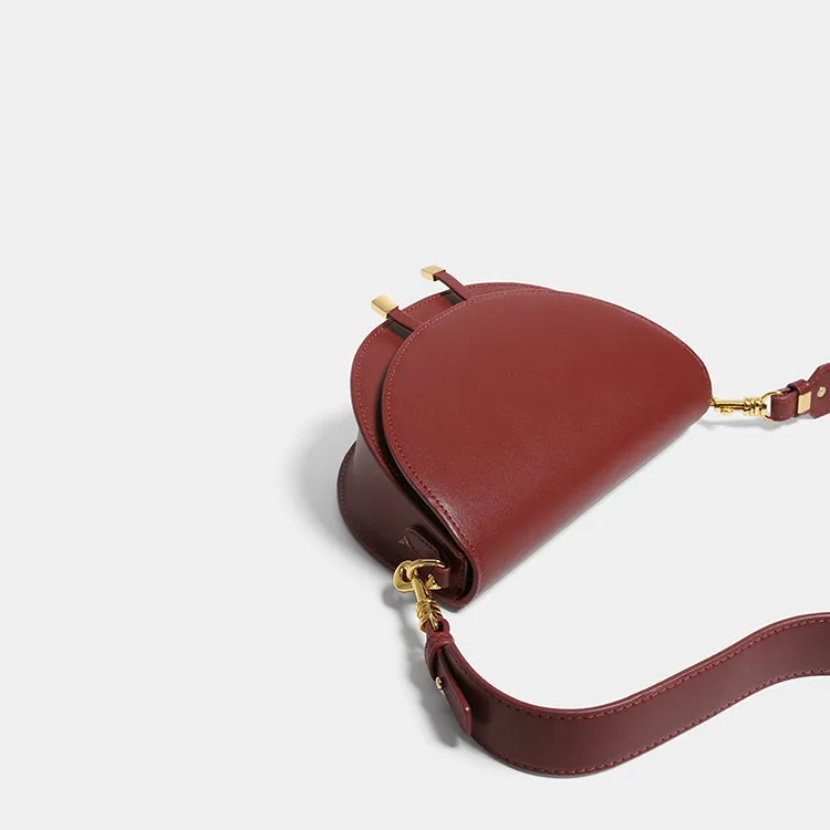 Cute Womens Red Leather Saddle Round Handbag Shoulder Bag Round Crossbody Purse for Women