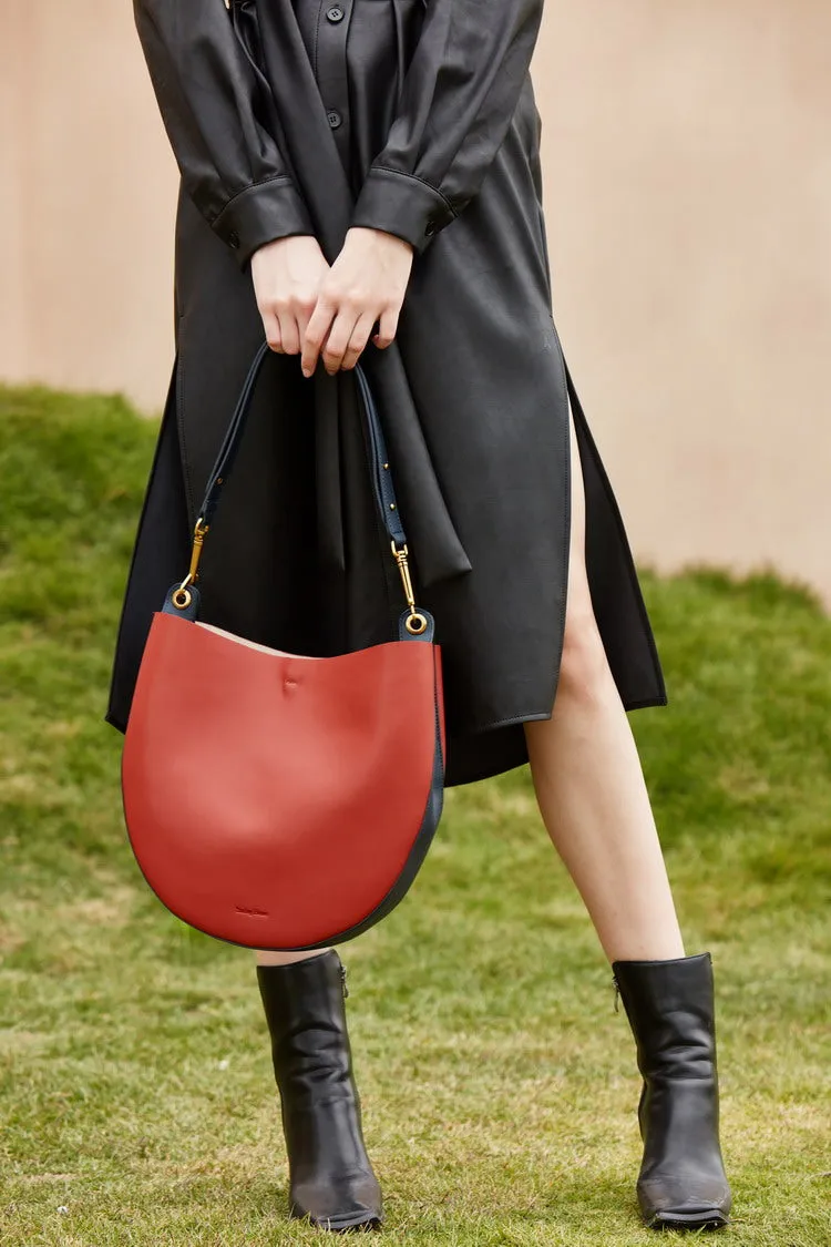 Cute Womens Red Leather Saddle Round Shoulder Bag Round Crossbody Purse for Women