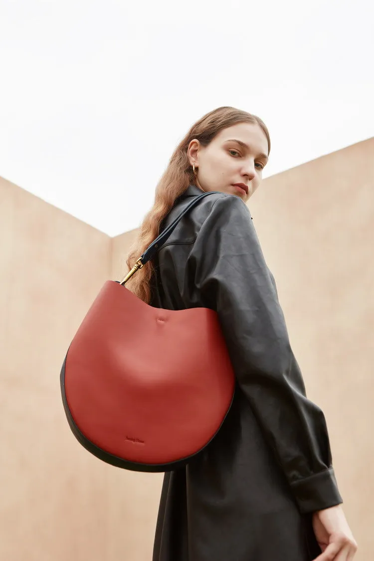 Cute Womens Red Leather Saddle Round Shoulder Bag Round Crossbody Purse for Women