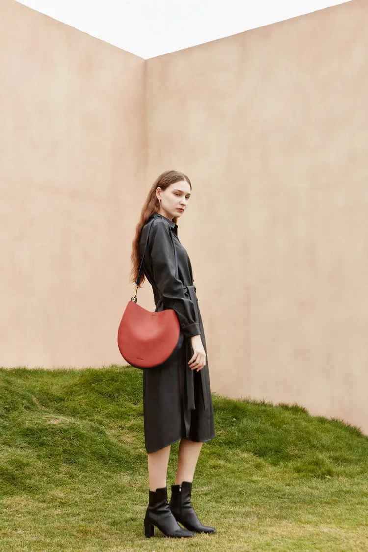 Cute Womens Red Leather Saddle Round Shoulder Bag Round Crossbody Purse for Women