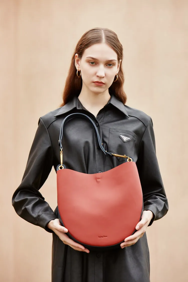 Cute Womens Red Leather Saddle Round Shoulder Bag Round Crossbody Purse for Women