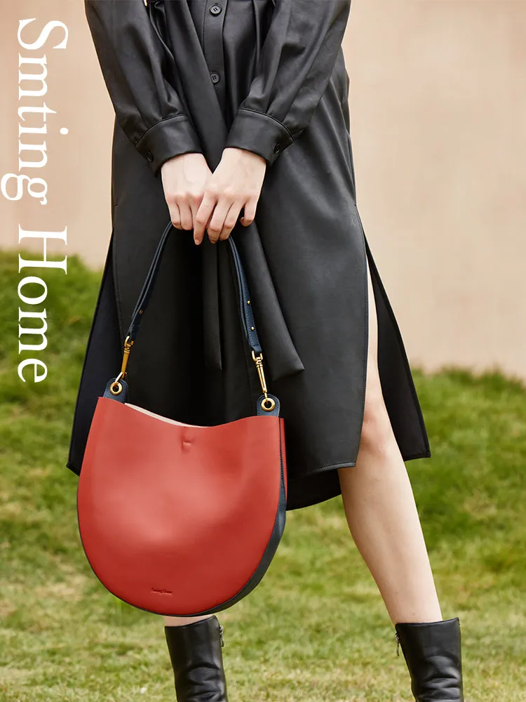 Cute Womens Red Leather Saddle Round Shoulder Bag Round Crossbody Purse for Women