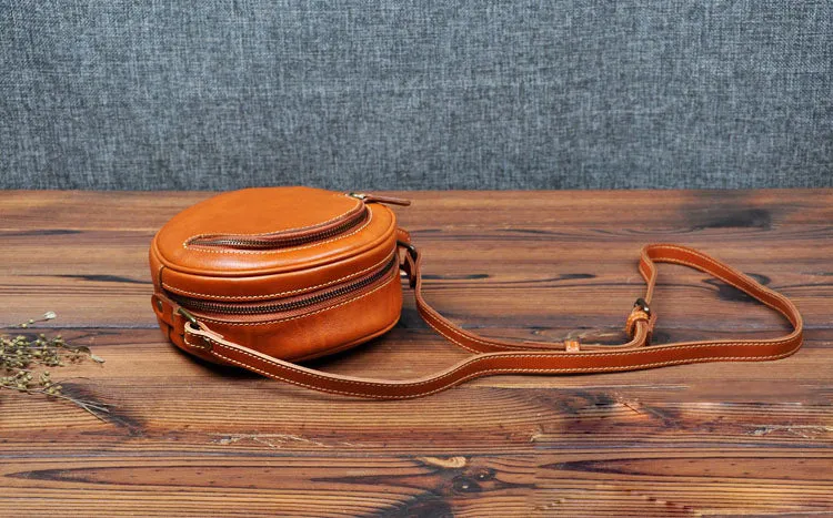 Cute Womens Small Black Leather Round Crossbody Purse Vintage Round Black Shoulder Bag for Women