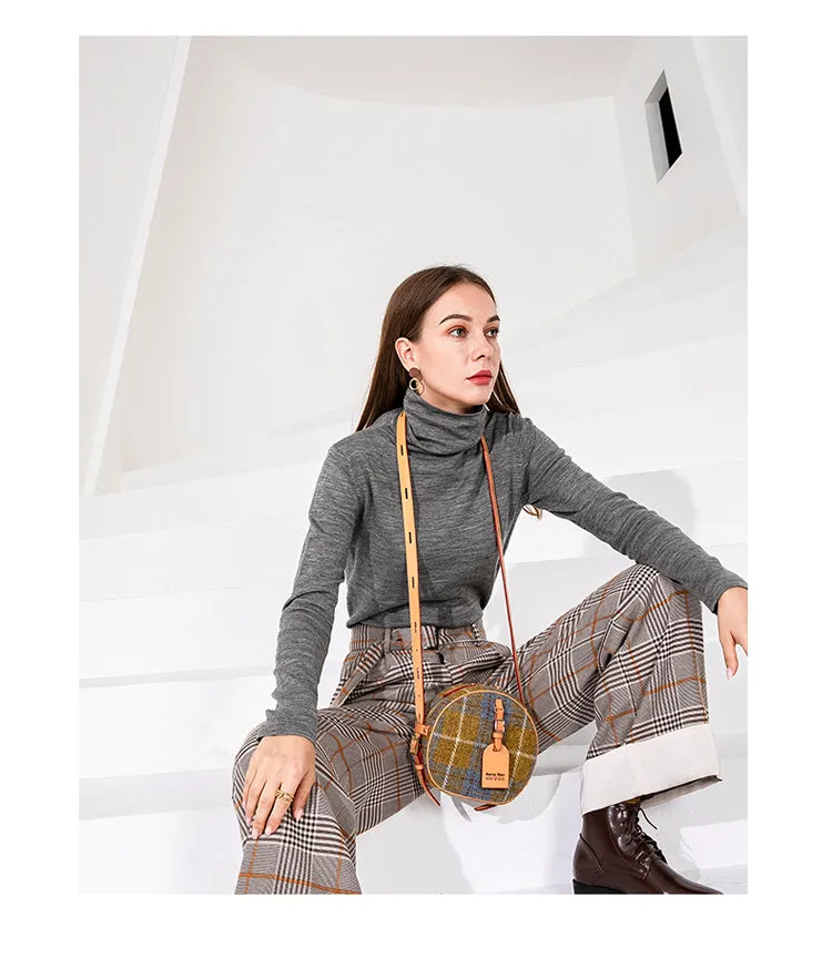 Cute Womens Small Blue Leather Tweed Round Crossbody Purse Handmade Round Shoulder Bag for Women