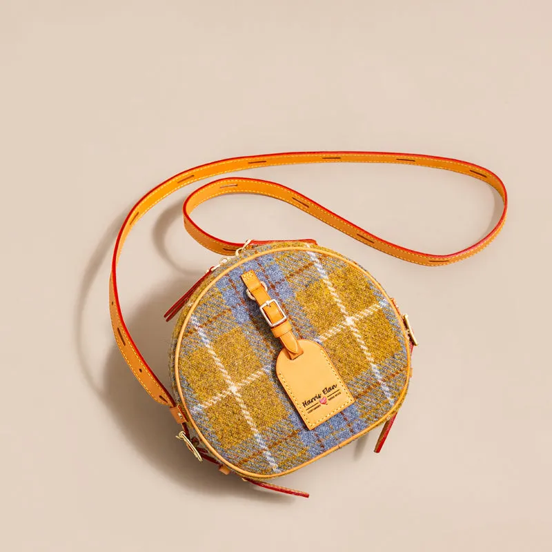 Cute Womens Small Blue Leather Tweed Round Crossbody Purse Handmade Round Shoulder Bag for Women