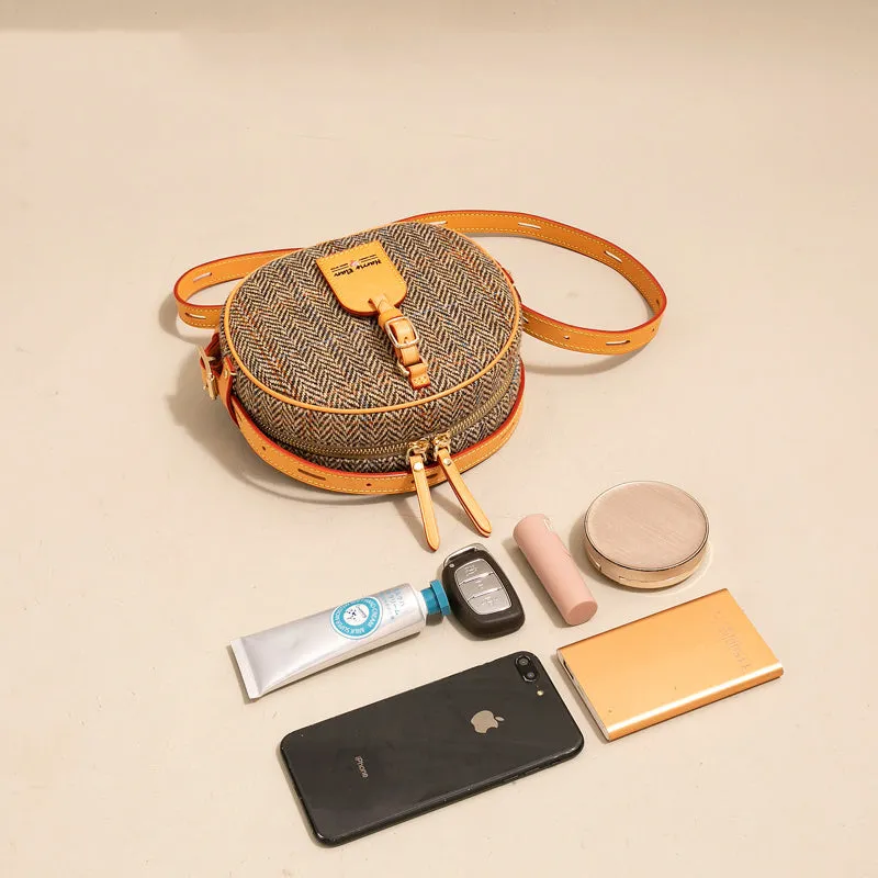 Cute Womens Small Blue Leather Tweed Round Crossbody Purse Handmade Round Shoulder Bag for Women