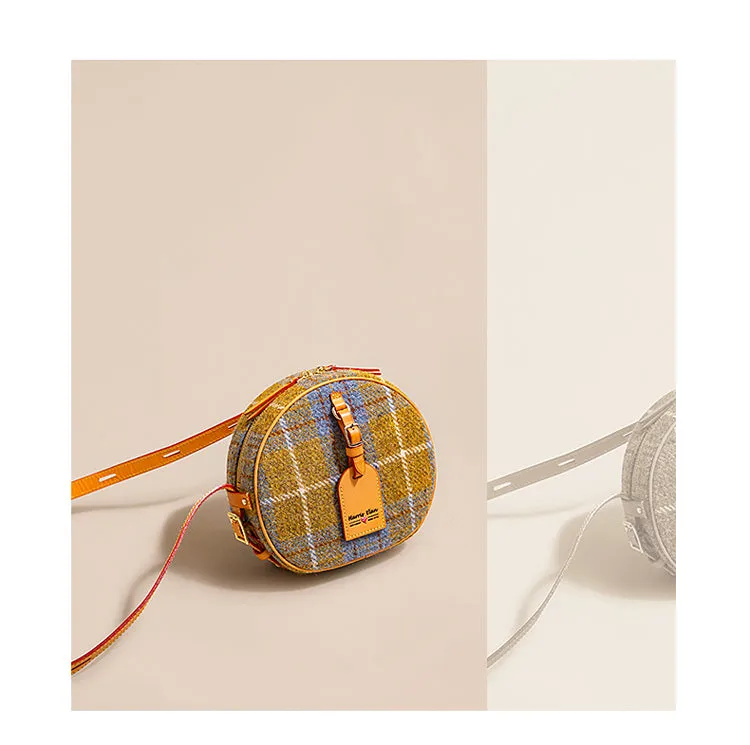 Cute Womens Small Blue Leather Tweed Round Crossbody Purse Handmade Round Shoulder Bag for Women