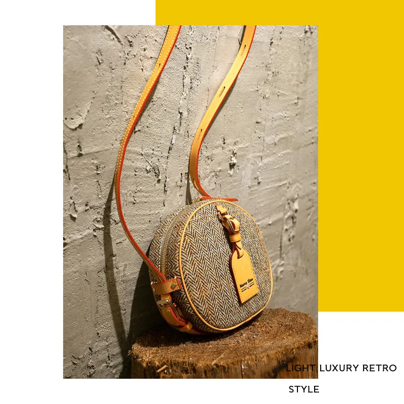Cute Womens Small Blue Leather Tweed Round Crossbody Purse Handmade Round Shoulder Bag for Women