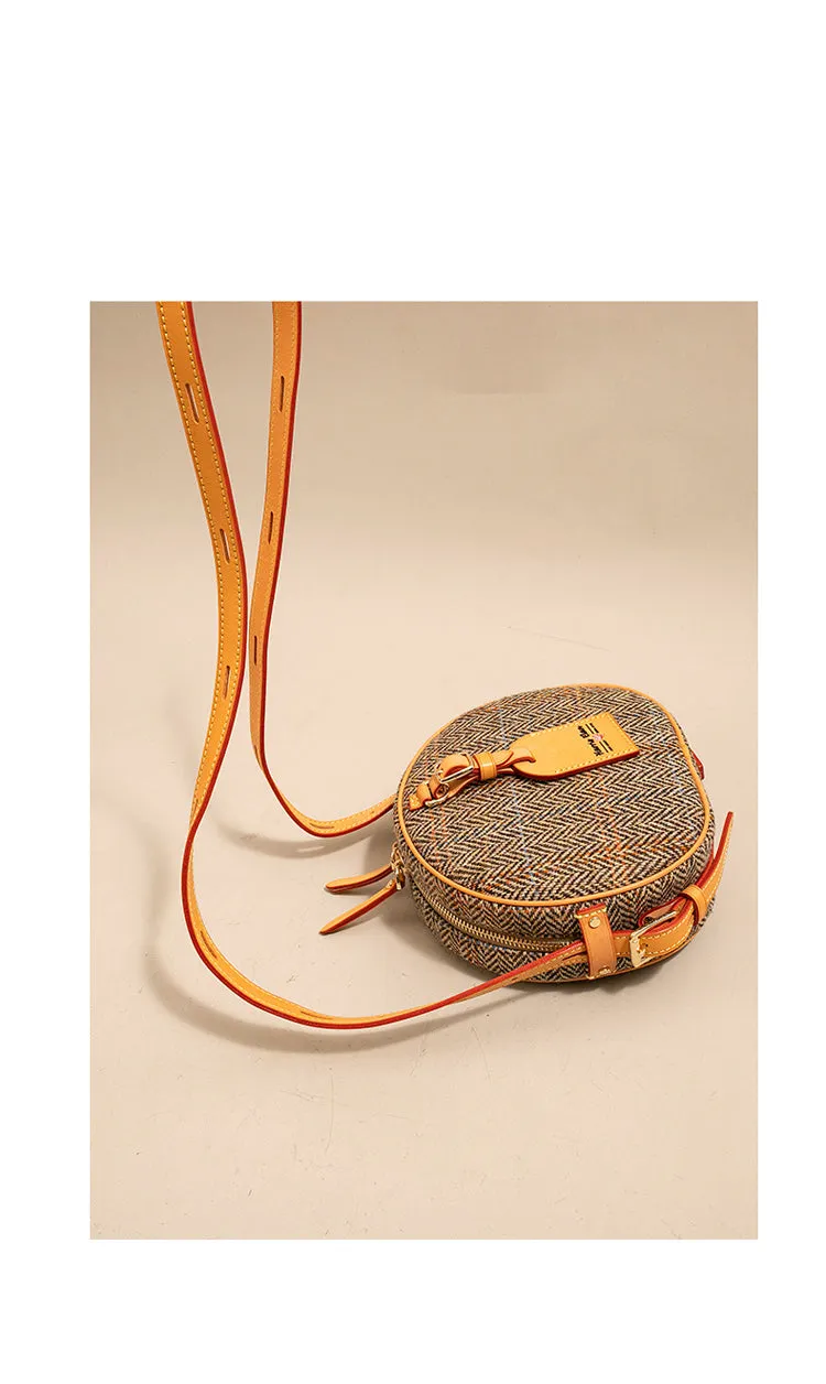 Cute Womens Small Blue Leather Tweed Round Crossbody Purse Handmade Round Shoulder Bag for Women