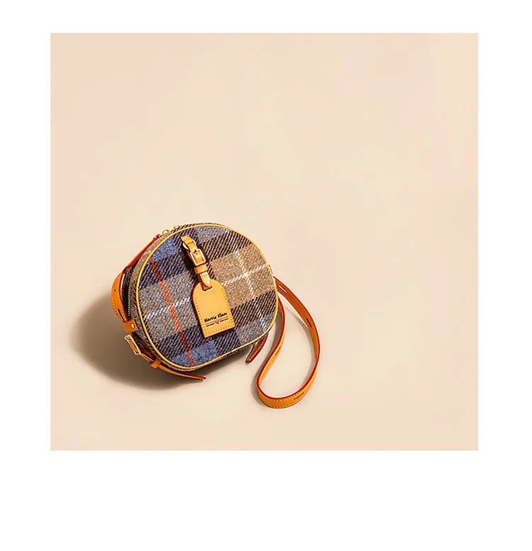 Cute Womens Small Blue Leather Tweed Round Crossbody Purse Handmade Round Shoulder Bag for Women