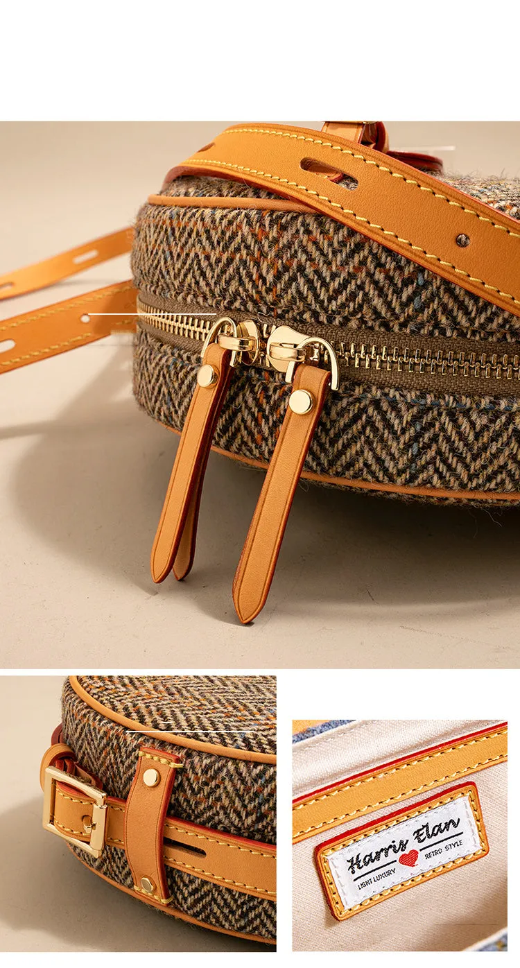 Cute Womens Small Blue Leather Tweed Round Crossbody Purse Handmade Round Shoulder Bag for Women