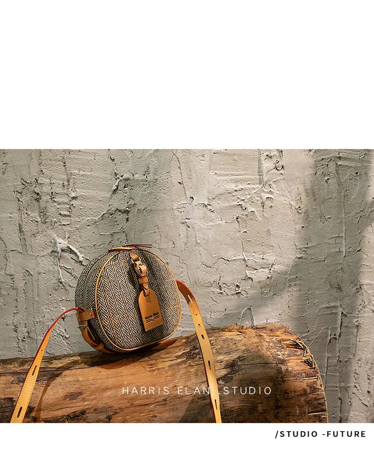 Cute Womens Small Blue Leather Tweed Round Crossbody Purse Handmade Round Shoulder Bag for Women