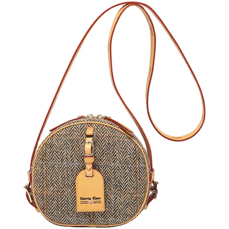 Cute Womens Small Blue Leather Tweed Round Crossbody Purse Handmade Round Shoulder Bag for Women