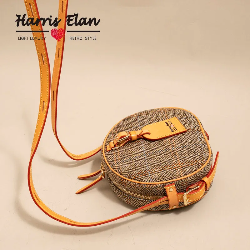 Cute Womens Small Blue Leather Tweed Round Crossbody Purse Handmade Round Shoulder Bag for Women