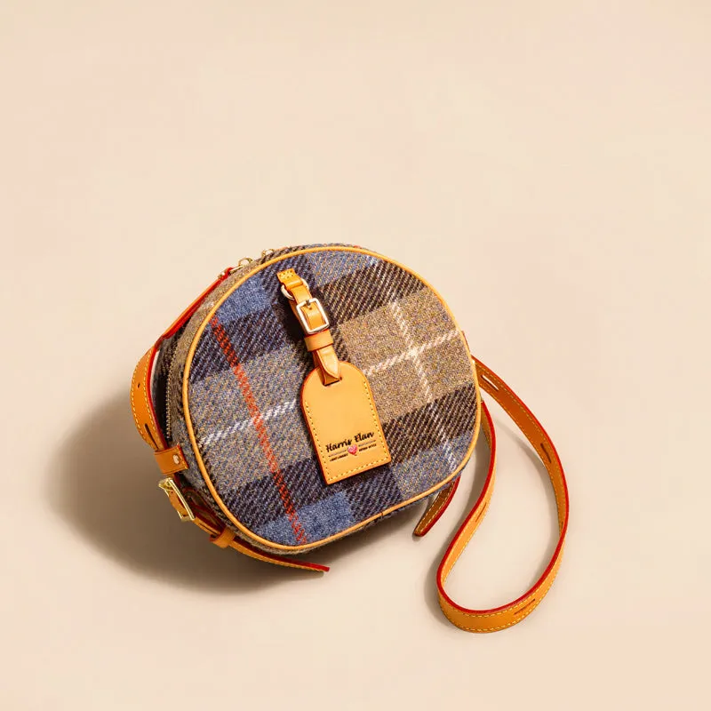 Cute Womens Small Blue Leather Tweed Round Crossbody Purse Handmade Round Shoulder Bag for Women