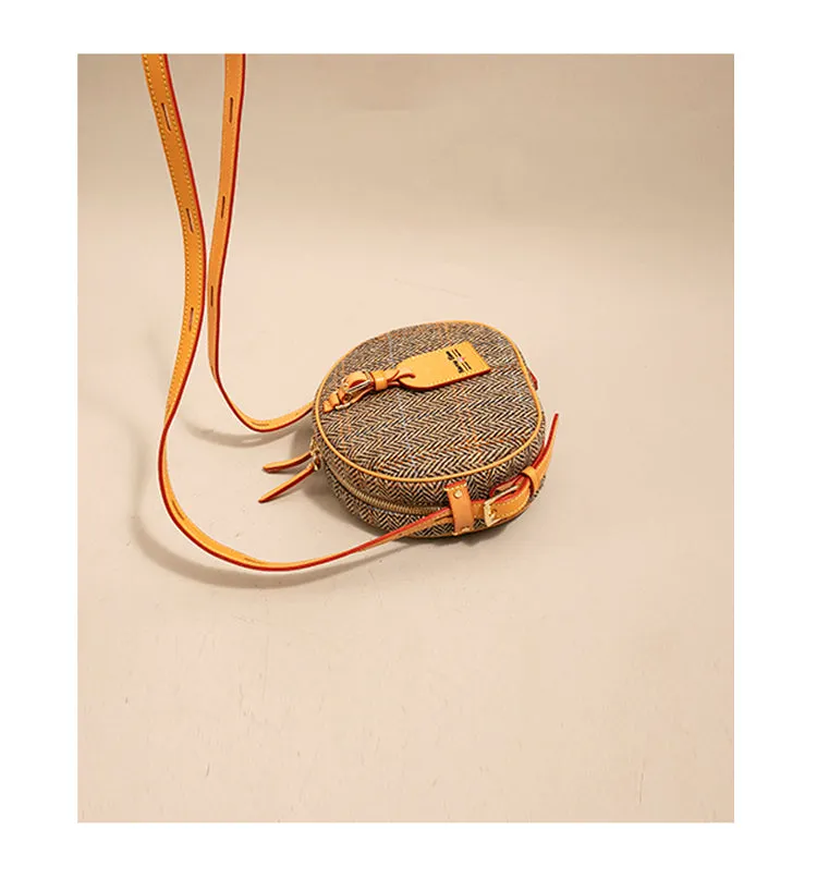 Cute Womens Small Blue Leather Tweed Round Crossbody Purse Handmade Round Shoulder Bag for Women