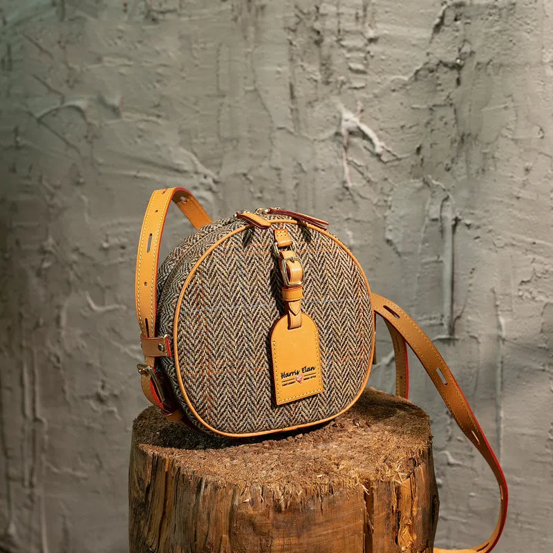 Cute Womens Small Blue Leather Tweed Round Crossbody Purse Handmade Round Shoulder Bag for Women