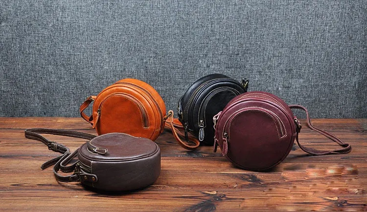 Cute Womens Small Coffee Leather Round Crossbody Purse Vintage Round Coffee Shoulder Bag for Women