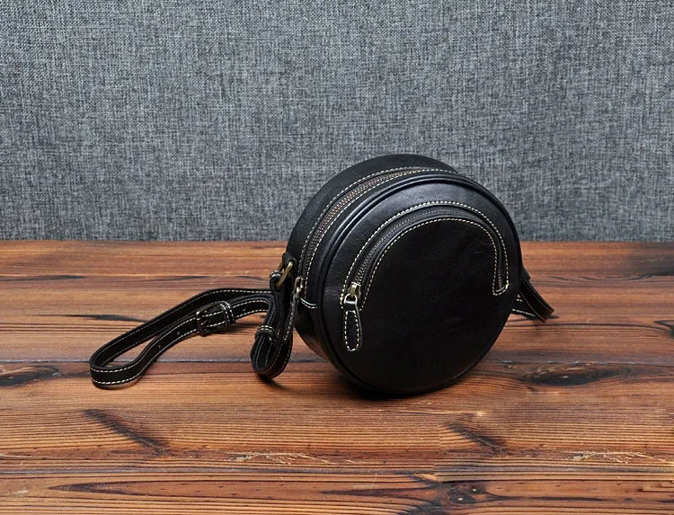 Cute Womens Small Coffee Leather Round Crossbody Purse Vintage Round Coffee Shoulder Bag for Women