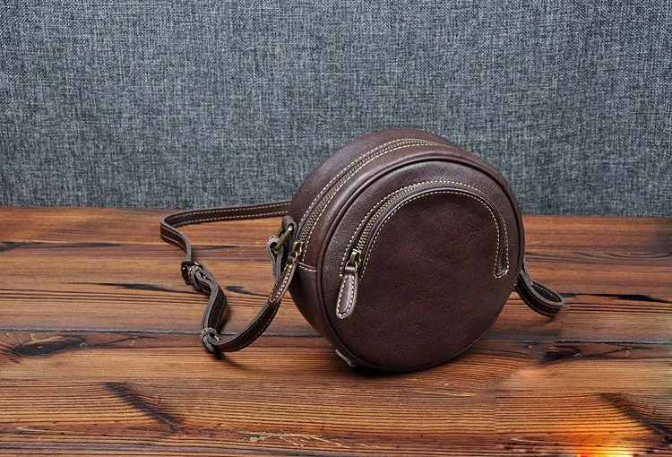 Cute Womens Small Coffee Leather Round Crossbody Purse Vintage Round Coffee Shoulder Bag for Women