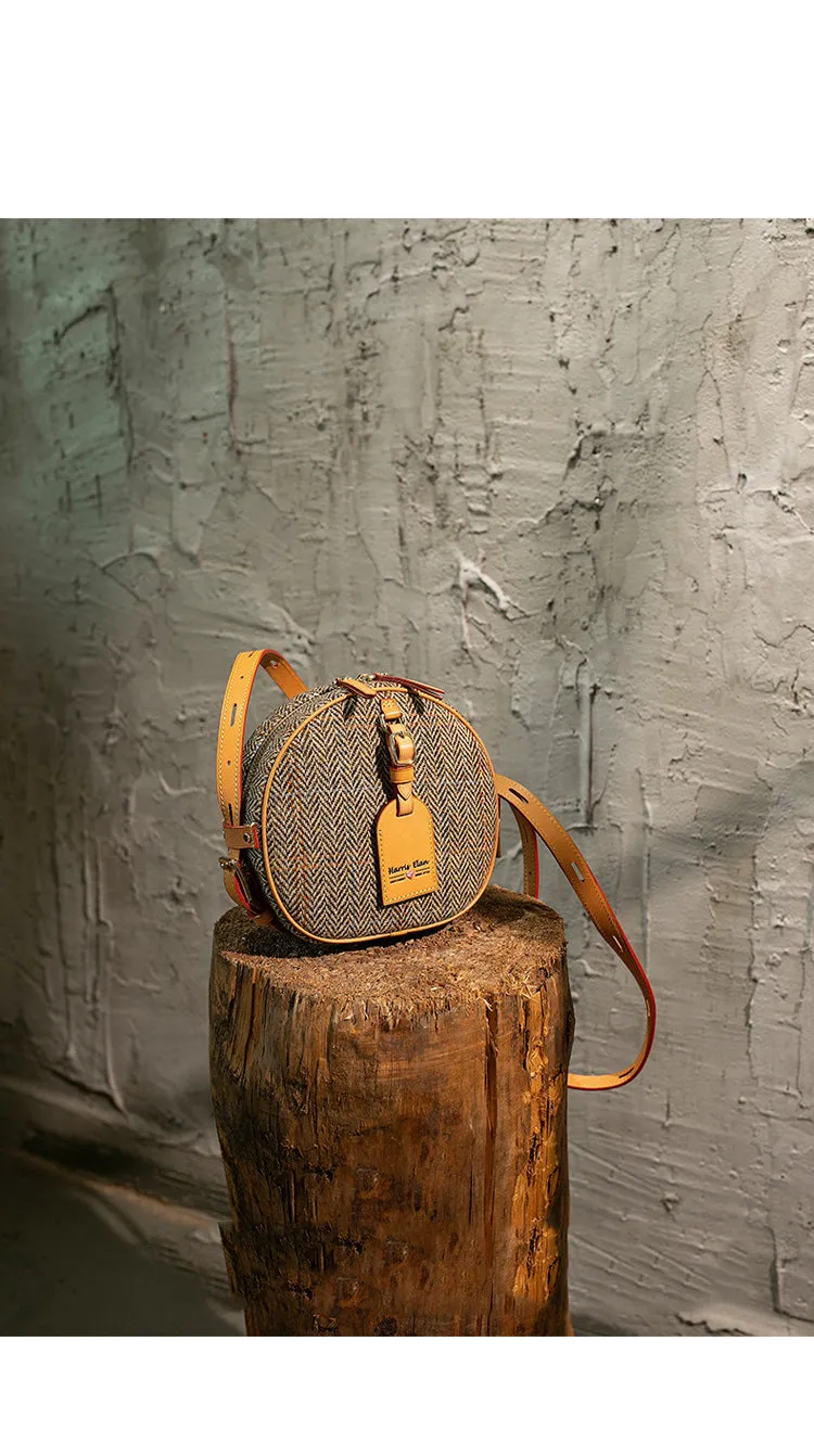 Cute Womens Small Gray Leather Tweed Round Crossbody Purse Handmade Round Shoulder Bag for Women