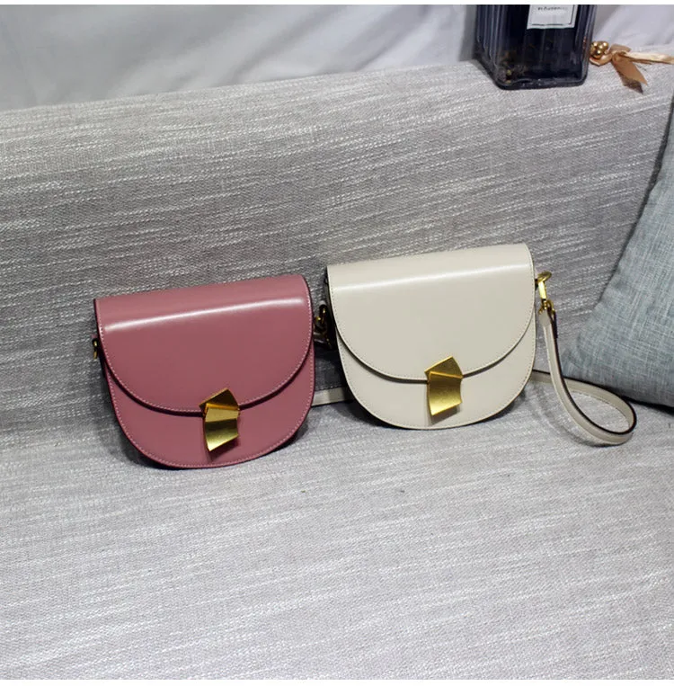 Cute Womens White Leather Half Round Crossbody Purse Round White Saddle Shoulder Bag for Women