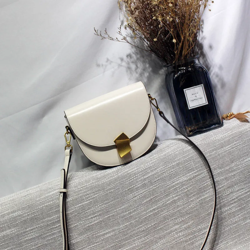 Cute Womens White Leather Half Round Crossbody Purse Round White Saddle Shoulder Bag for Women