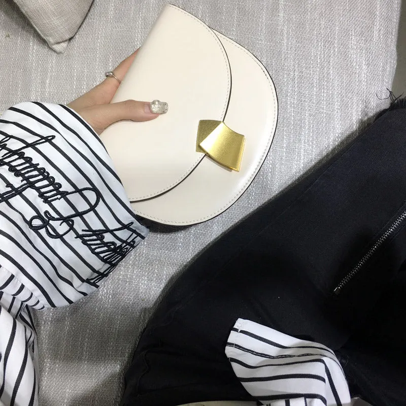 Cute Womens White Leather Half Round Crossbody Purse Round White Saddle Shoulder Bag for Women