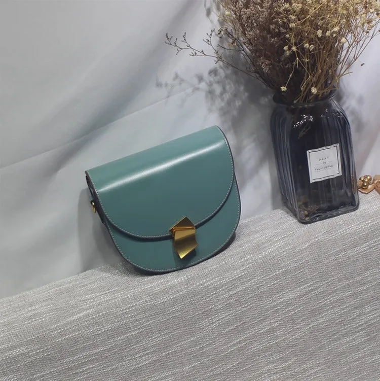 Cute Womens White Leather Half Round Crossbody Purse Round White Saddle Shoulder Bag for Women
